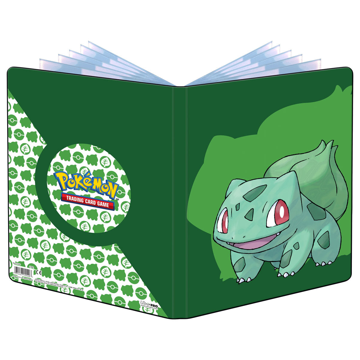 Bulbasaur foran en lysegrønn silhuett på grønt omslag, oppslått med forside og bakside