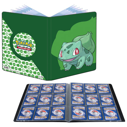 Bulbasaur-omslaget over et oppslag med 9-lommers sider fylt med kort