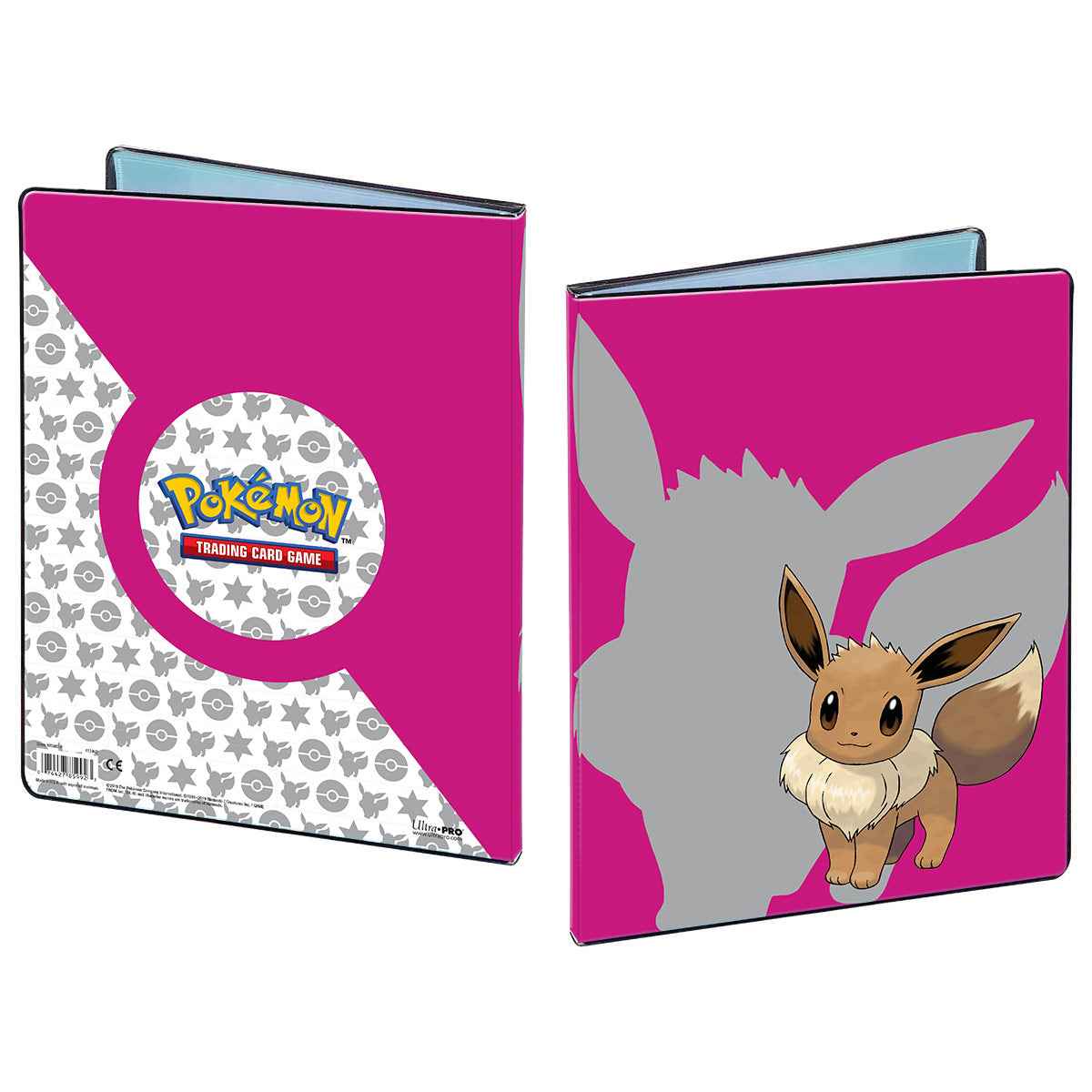 Eevee foran en grå silhuett på rosa omslag, vist sammen med baksiden med Pokemon TCG-logo