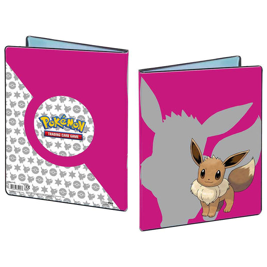 Eevee foran en grå silhuett på rosa omslag, vist sammen med baksiden med Pokemon TCG-logo