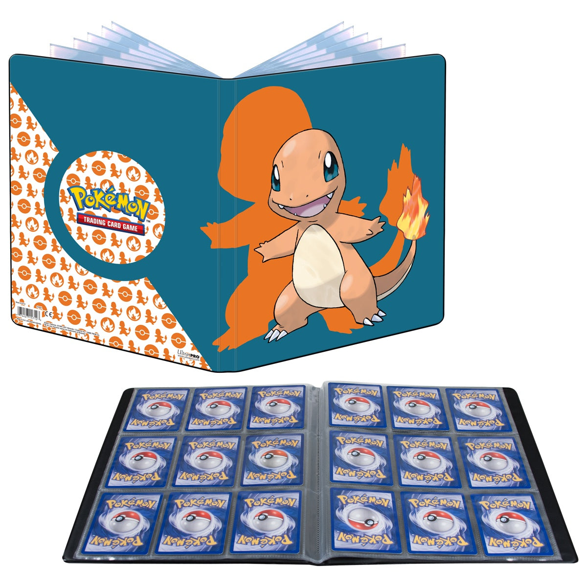 Charmander-omslaget i blågrønt over et oppslag med 9-lommers sider fylt med kort