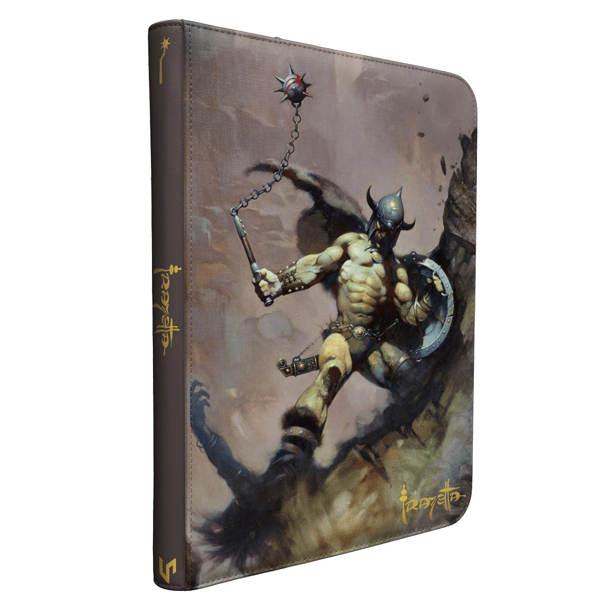 Frazetta-binderen sett skrått med glidelåsen langs kanten og krigeren på omslaget