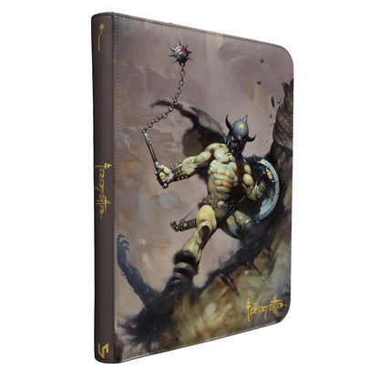 Frazetta-binderen sett skrått med glidelåsen langs kanten og krigeren på omslaget