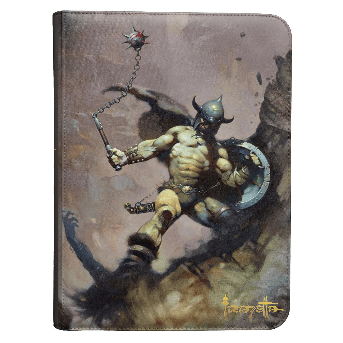 Forsiden av binderen med Frazettas «Warrior with Ball and Chain» og Frazetta-signatur i gull