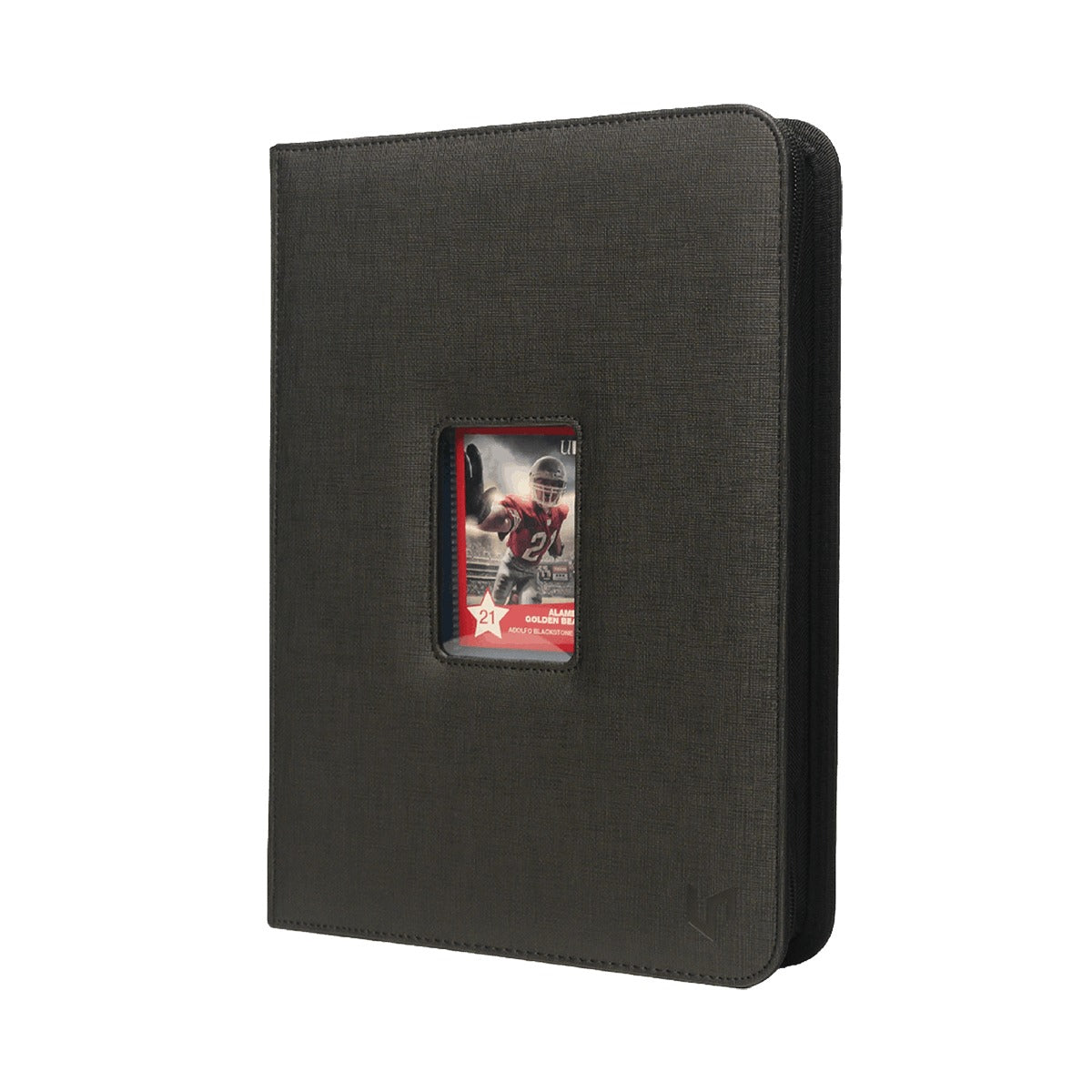 Ultra Pro 9-Pocket Zippered Window Premium PRO-Binder sett skrått, med et kort i vinduet på det grå omslaget