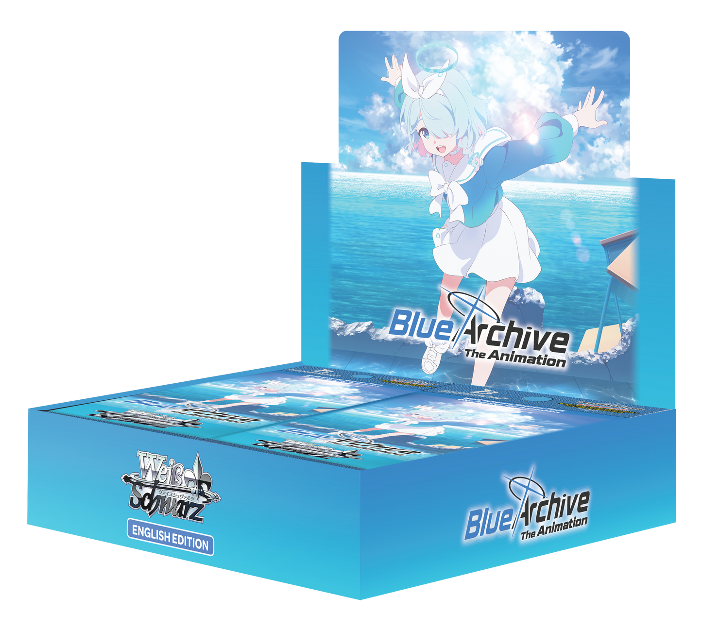 Weiss Schwarz Blue Archive The Animation Booster Box – åpent blått display med 12 pakker og en elev med lyseblått hår og glorie på lokket