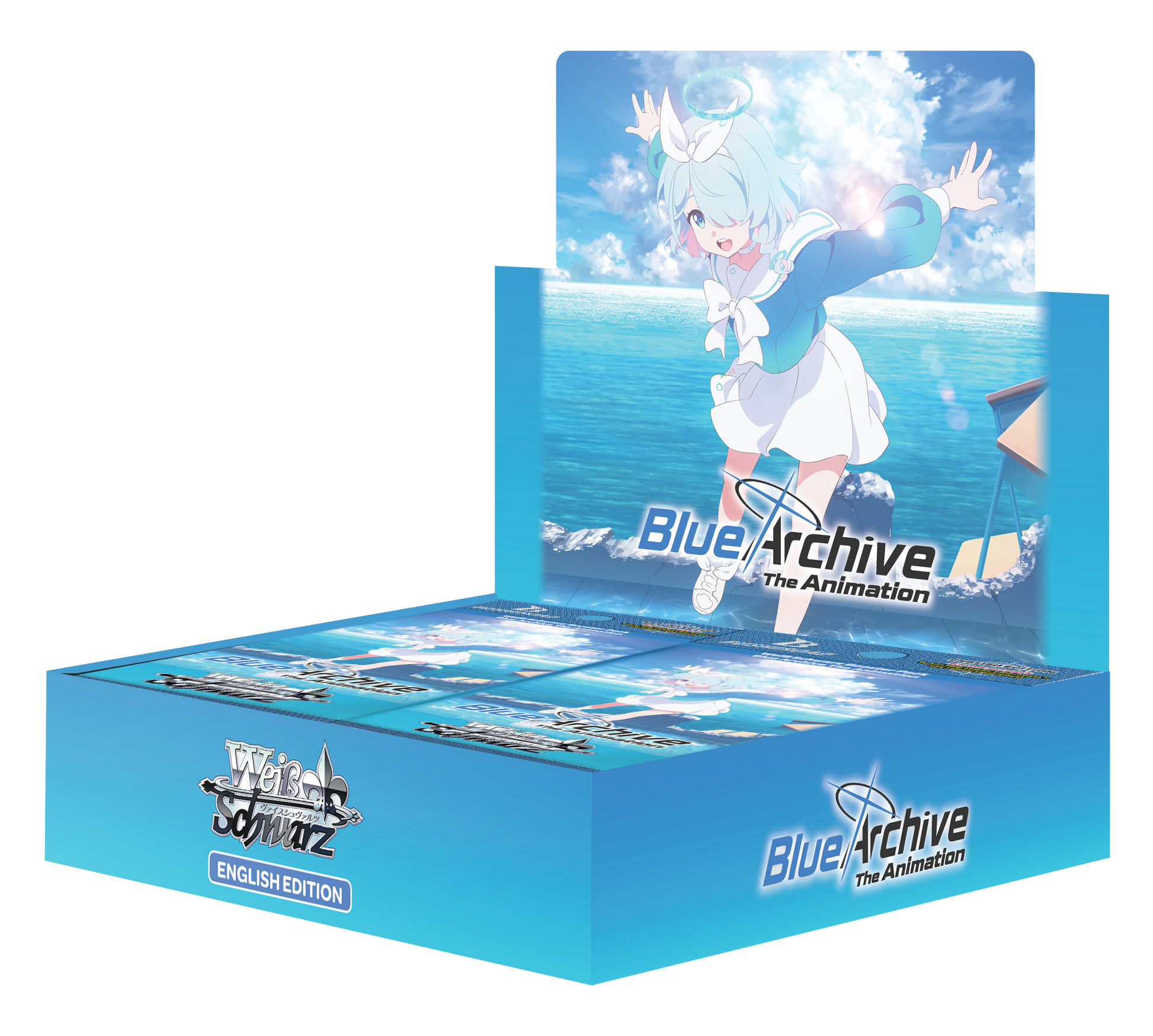 Weiss Schwarz Blue Archive The Animation Booster Box – åpent blått display med 12 pakker og en elev med lyseblått hår og glorie på lokket