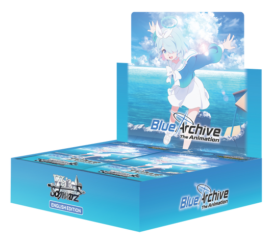 Weiss Schwarz Blue Archive The Animation Booster Box – åpent blått display med 12 pakker og en elev med lyseblått hår og glorie på lokket
