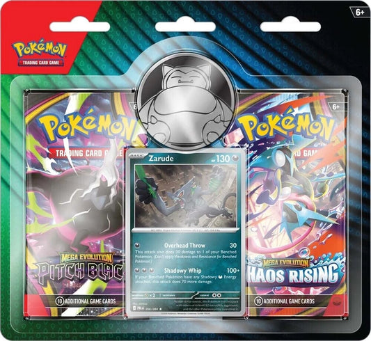 Pokemon Mega Evolution 2-Pack Blister forfra: Zarude promokort, Snorlax metallmynt og booster pakker fra Pitch Black og Chaos Rising