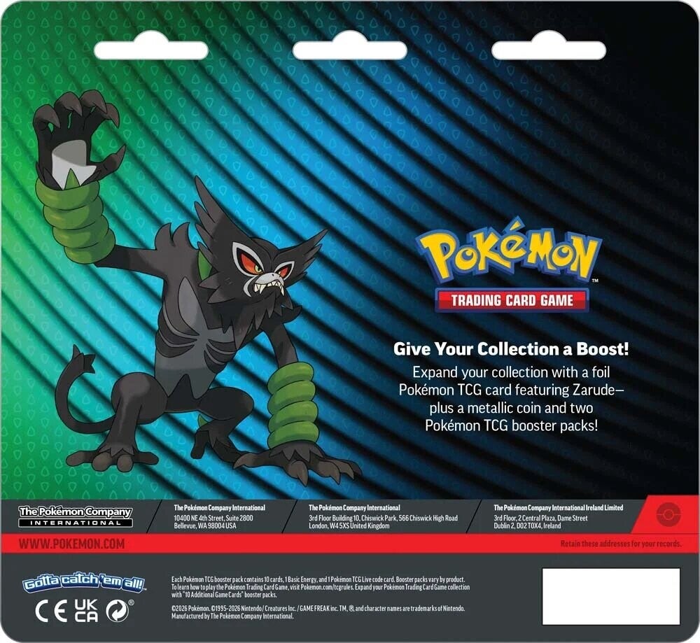 Baksiden av 2-Pack Blister med Zarude og innholdsliste: foil promokort, metallmynt og to booster pakker